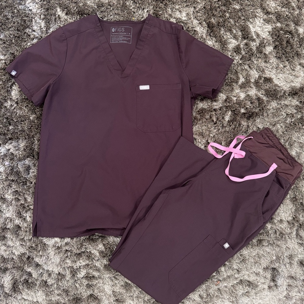 Figs Maroon Scrub Set with Pink Accents